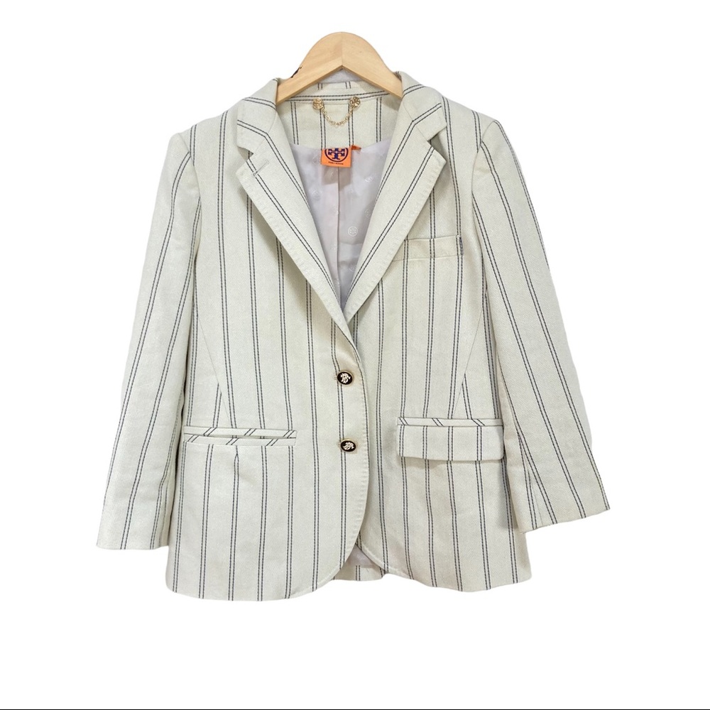 Tory Burch Pin Striped Single Breasted Blazer Jacket Beige‎ Cream Women’s Sz 8